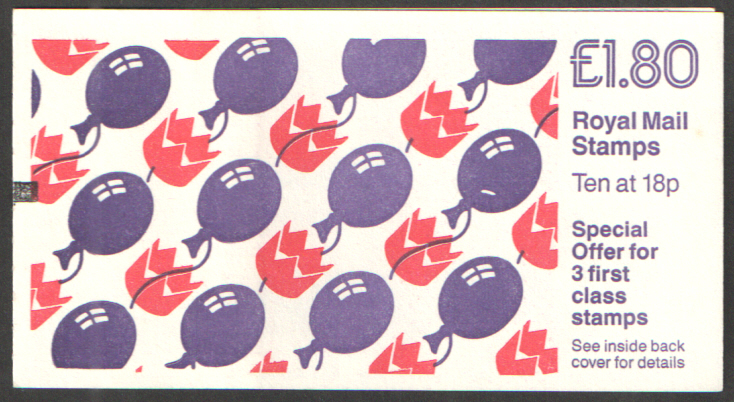 (image for) FU8B / DB8(39)A + BMB £1.80 Balloons & Hats Right Margin Folded Booklet. Trimmed perfs at top.